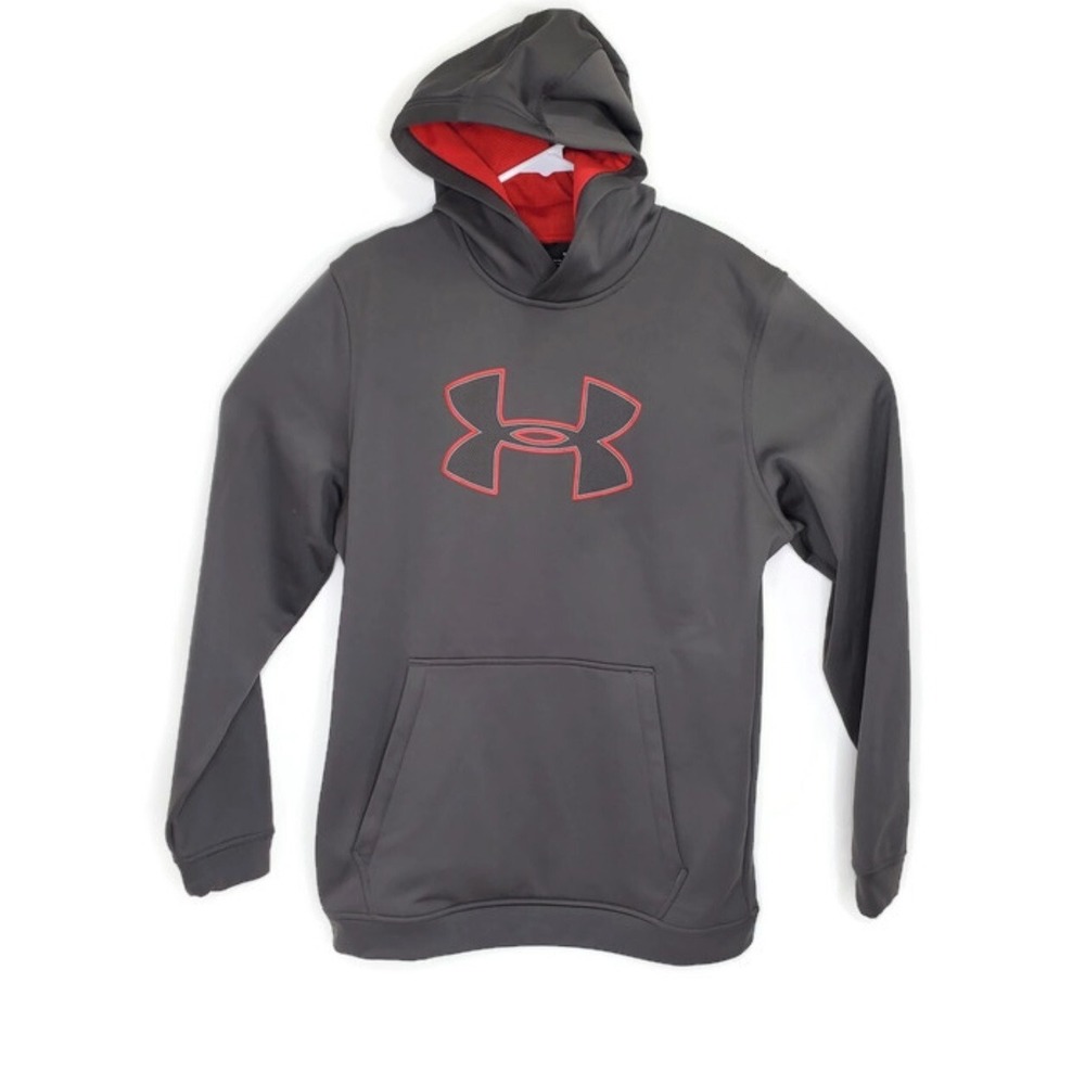 Under Armour Mens Storm ColdGear Hoodie Gray Red Logo Pullover Medium